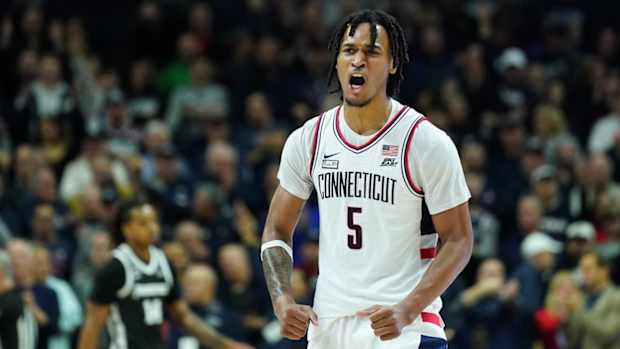 Stephon Castle reacts after his three-point basket against Providence.